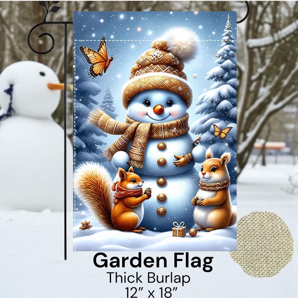 Garden flag, snowman & squirrels, 12” x 18”, thick burlap polyester doubleside